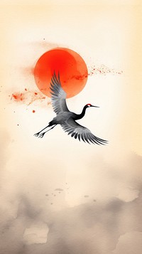 Flying crane with red sun chinese brush animal bird waterfowl.
