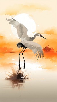 Flying crane with sunset chinese brush animal heron bird.