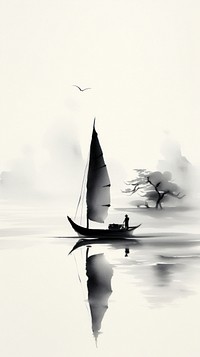 Junk floating on the sea waves chinese brush watercraft silhouette sailboat.