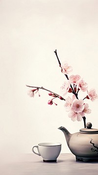 Teapot and teacup with sakura chinese brush blossom flower plant.