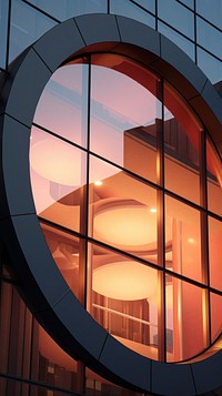 Circular window reflecting modern offices architecture building lighting.