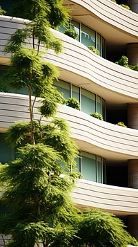 Sandstone curve contemporary skyscraper facade bushes architecture building plant.