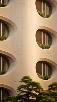 Sandstone curve contemporary skyscraper facade bushes architecture building window.