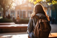 Peruvian teen student sitting on the bench sunlight backpack adult.