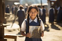 Peruvian young primary school student girl wearing uniform education portrait sunlight.