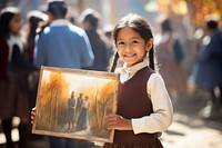 Peruvian young primary school student girl wearing uniform sunlight painting holding.