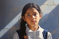 Peruvian young primary school student girl wearing uniform portrait sunlight photo.
