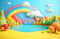 Cute lake side with rainbow fantasy background outdoors cartoon nature.