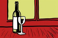 Drawing red wine bottle and glass cartoon drink refreshment.