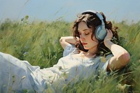 Women wearing headphone headphones grass portrait.