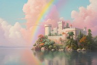 Italian castle on the island painting rainbow architecture.