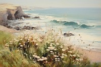 Coastal cliff landscape painting flower.