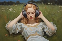 Women wearing headphone headphones painting portrait.