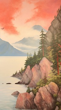 Landscape painting mountain coast.