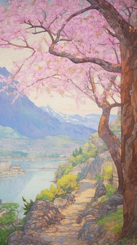 Landscape painting blossom tree.