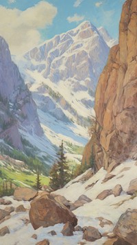 Snowy mountain range landscape painting wilderness.
