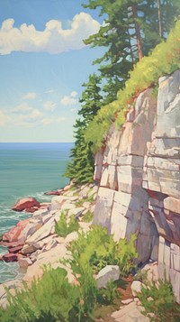 Landscape painting summer cliff.