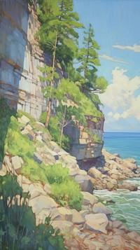 Landscape painting cliff coast.
