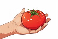 Human hand holding a tomato vegetable cartoon plant.