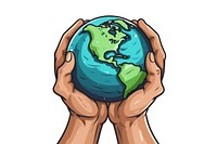 Human hand holding earthx cartoon sphere planet.