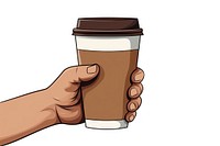 Human hand holding paper coffe cup cartoon coffee drink.