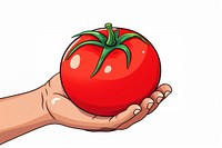 Human hand holding tomato vegetable cartoon plant.