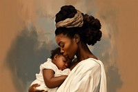 Illustration of black woman with baby painting portrait togetherness.