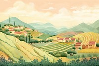 Illustration of farm on mountain painting agriculture landscape.