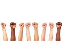 Raised fists white background copy space finger.