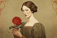 Illustration of red woman holding rose painting art flower.
