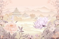 Oriental toile art style with pastel flower field landscape outdoors plant.