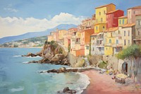 Italian coastal town painting landscape outdoors.