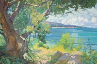 Lake view with cypress tree landscape painting outdoors.