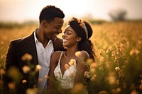 Black couple married smiling wedding.