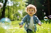 Little boy blowing soap bubbles portrait cute baby. AI generated Image by rawpixel.