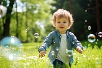 Little boy blowing soap bubbles portrait cute baby. 