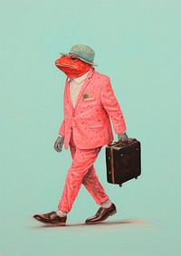 Toad carrying suit case walking luggage adult art.