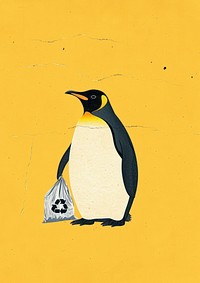 Penguin hold plastic bag recycle sign animal bird wildlife.