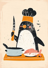 Penguin wear hat chef cooking fish animal painting weaponry.