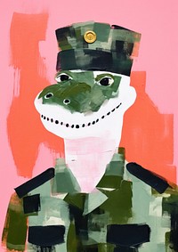 Crocodile wearing soldier costume art painting representation.