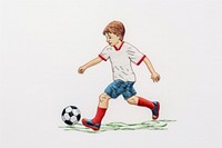 Boy playing football in embroidery style drawing sports sketch.