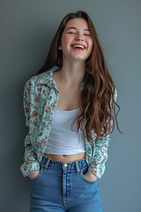 American teenager girl laughing blouse smile.