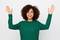 Young cute brazilian woman raise arms smile adult white background.