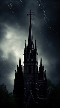  Dark gothic style church thunderstorm architecture lightning. AI generated Image by rawpixel.
