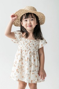 Little asian girl wearing summer fashion sleeve dress child.