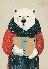 Polar bear wear jacket and holding a box art mammal animal.