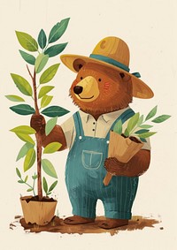 Bear wear farmer custom and plant a tree gardening nature leaf.