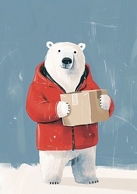 Polar bear wear jacket and holding a box mammal animal cute.
