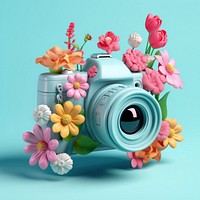 3D surreal of a camera with flowers plant inflorescence photographing.