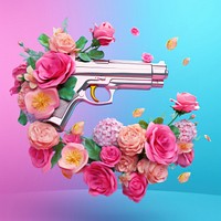 3D surreal of a gun in the air with flowers handgun plant petal.